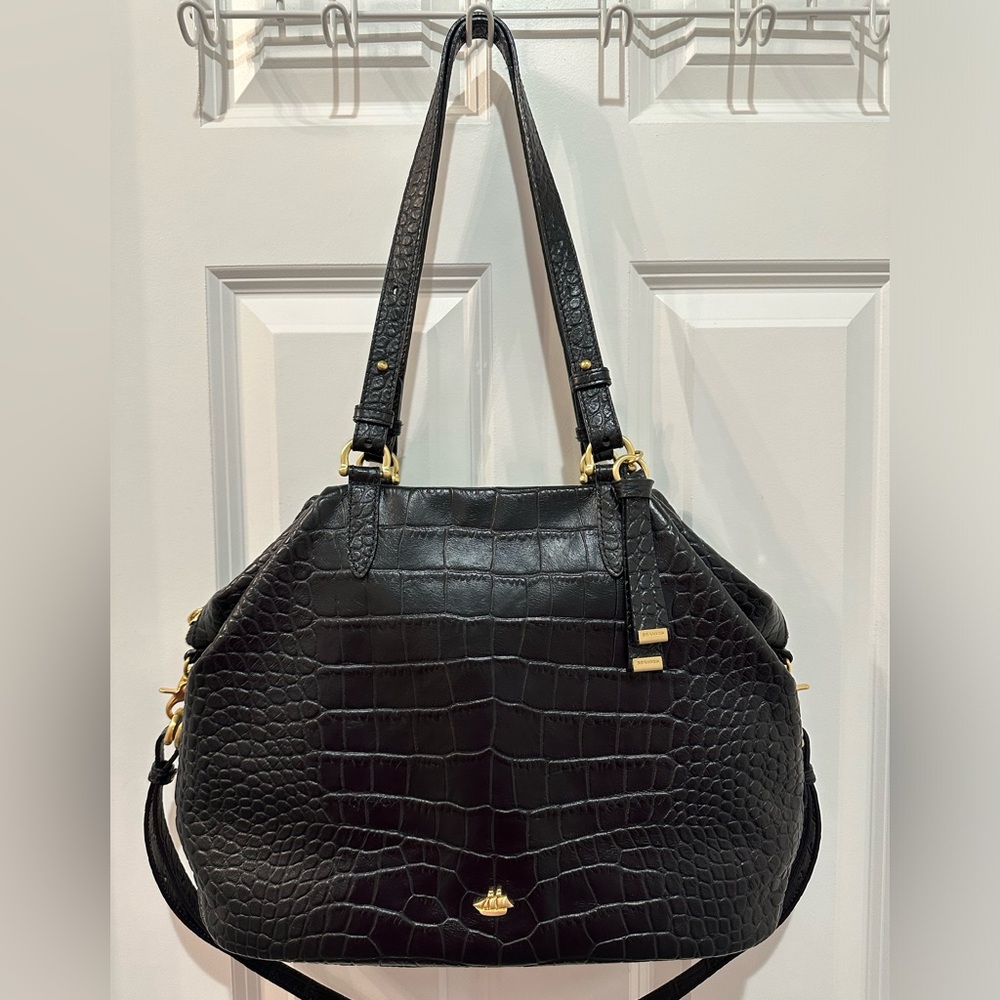 Brahmin Smooth Embossed Animal Print Black Savannah Leather Delaney Tote